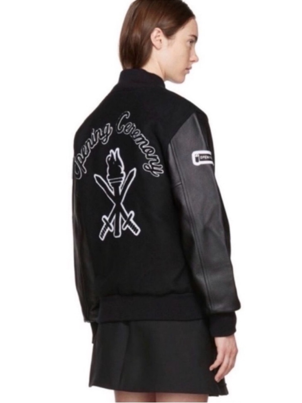Opening Ceremony Black Varsity Bomber Jacket with Leather Sleeves